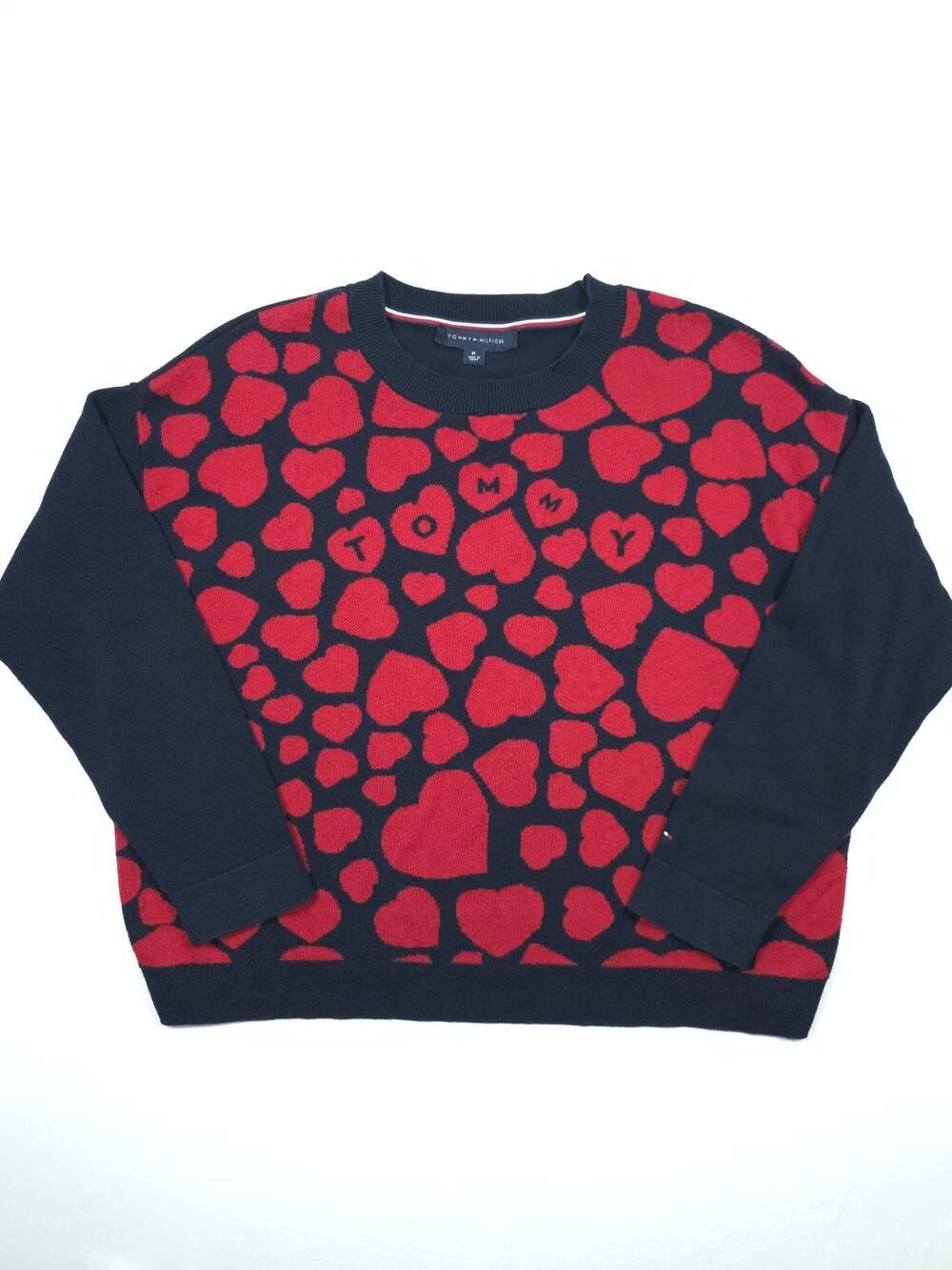 Tommy Hilfiger Heart Jacquard Knit Sweater Women M Medium Navy Blue Red Crewneck